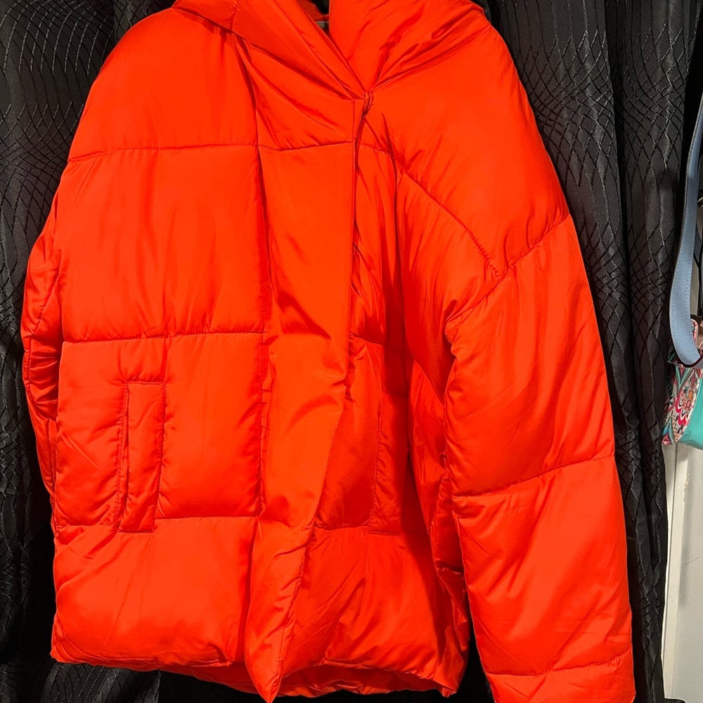right red puffer jacket